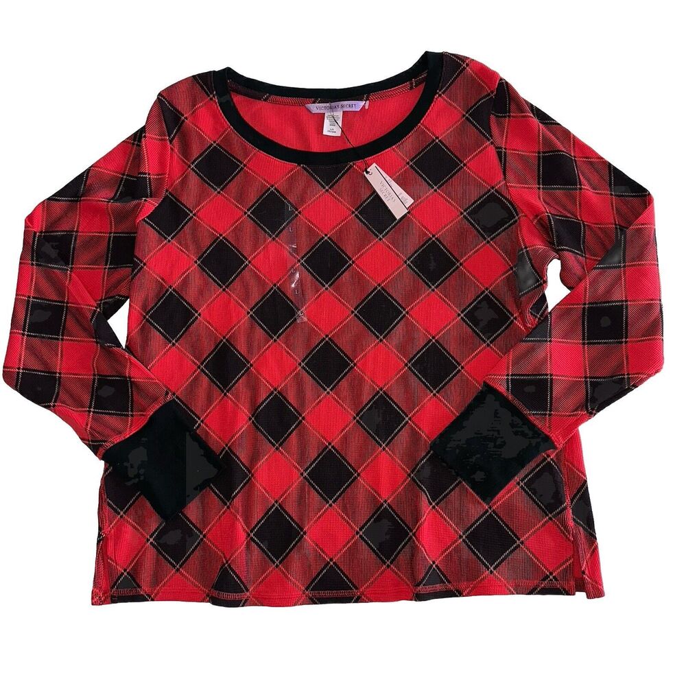 Victoria's Secret Christmas Red Black Buffalo Plaid Thermal Top NWT Large